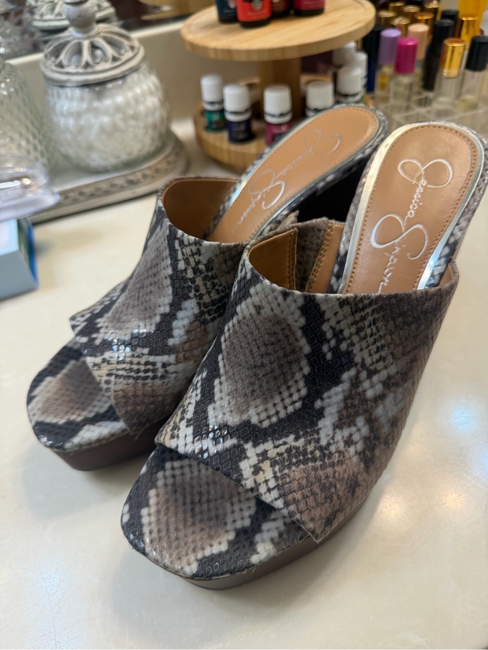 Jessica Simpson Snake-Print Platform Mules in Brown and Tan